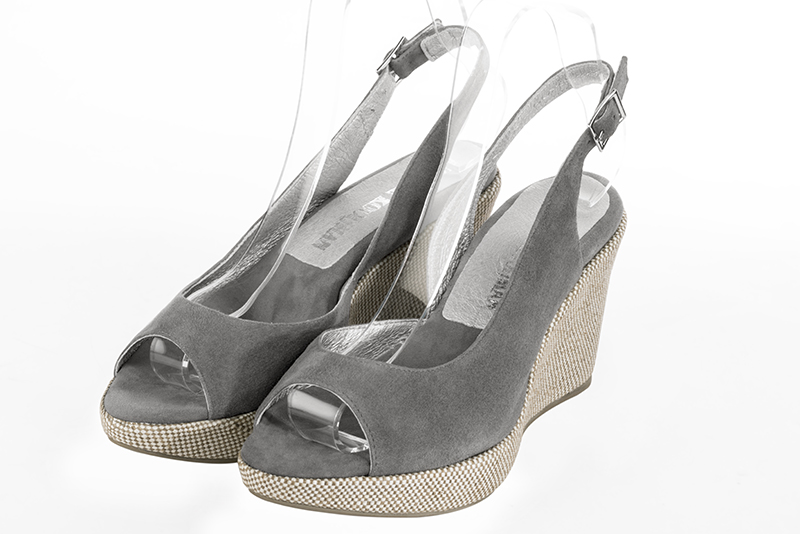 Dove grey women's slingback sandals. Round toe. High wedge soles. Front view - Florence KOOIJMAN